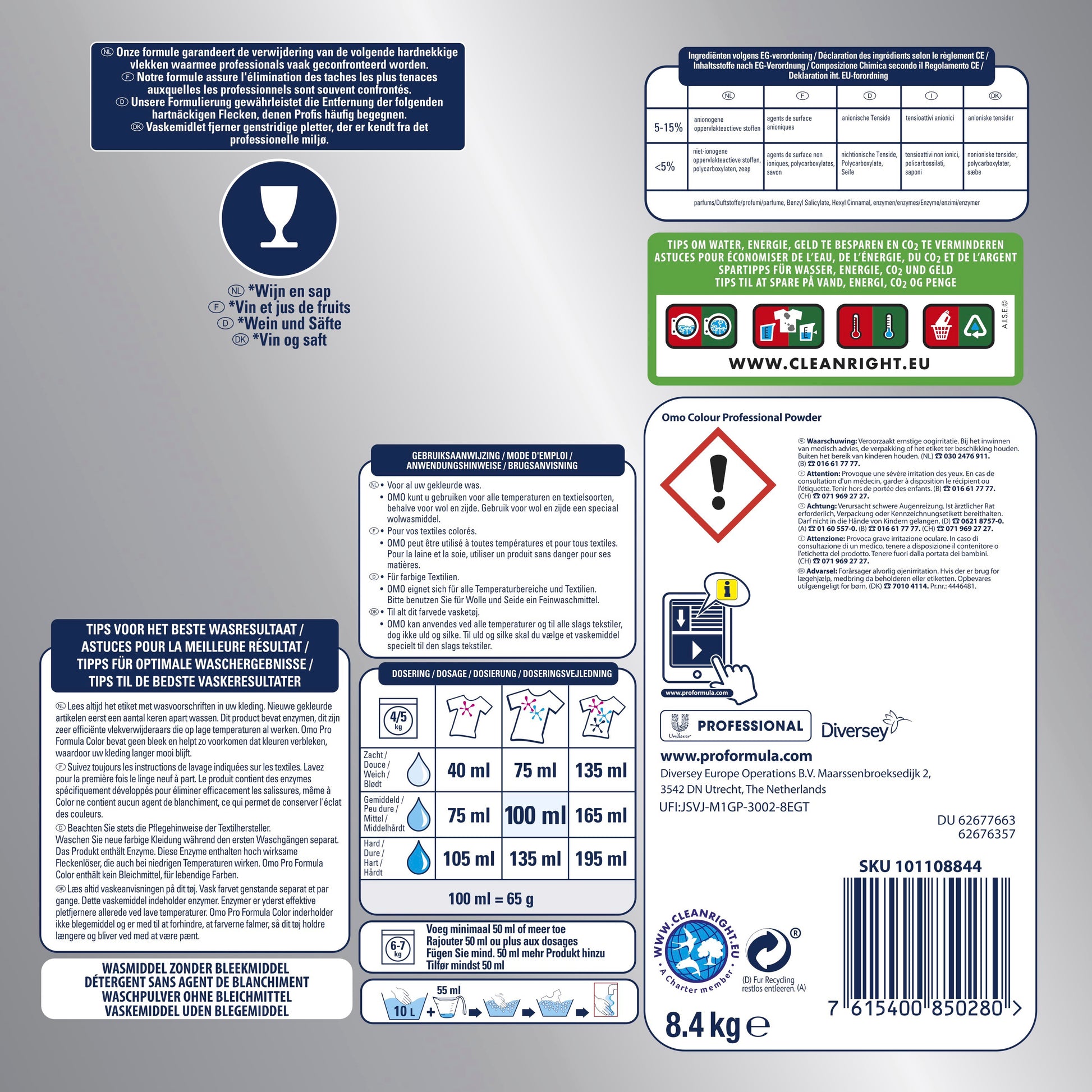 Rückseite der Omo Professional Colour 120 Wäschen Buntwaschmittel Pulver-Verpackung, hergestellt von Diversey Deutschland GmbH & Co. OHG, mit mehrsprachigem Text, Symbolen und Maßangaben. Enthält Sicherheitswarnungen und Anweisungen zur Verwendung des Pulverwaschmittels für Buntwäsche sowie ein Logo, eine Website-Adresse und einen Strichcode. Die Verpackung ist überwiegend blau und weiß mit roten und grünen Akzenten.