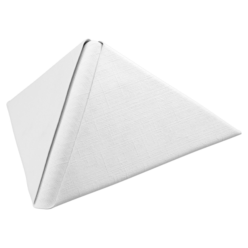 Eine sauber gefaltete Dunilin®-Serviette 40 x 40 cm Weiß der Duni GmbH, arrangiert in Form einer Pyramide, verleiht dem schlichten Hintergrund eine elegante Note in der Tischdekoration.