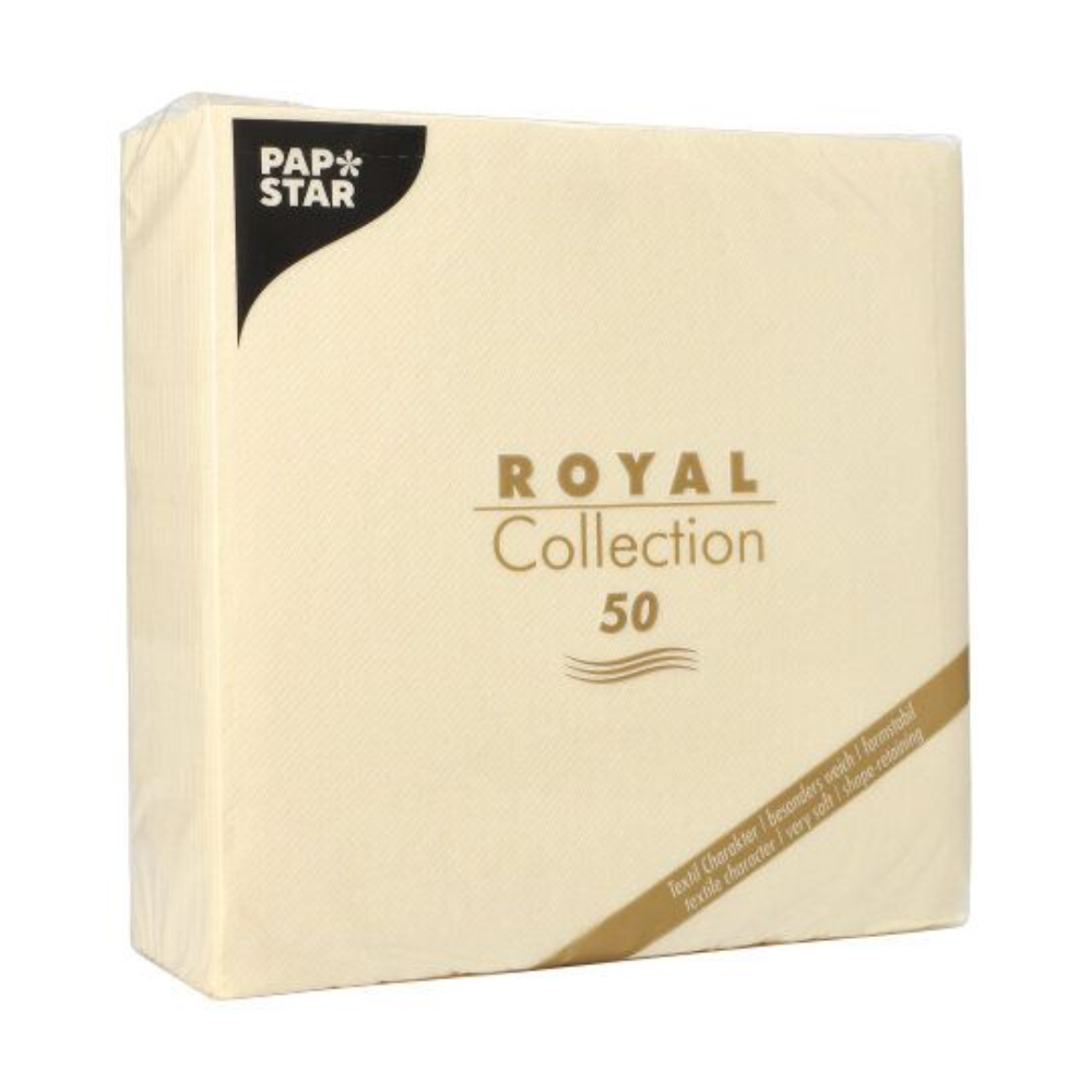 Eine champagnerfarbene Packung PAPSTAR Servietten aus der „ROYAL Collection“ enthält 50 Stück. Die Verpackung zeigt ein dezentes Wellendesign und ist mit dem Schriftzug „ROYAL Collection 50“ in Goldschrift versehen.