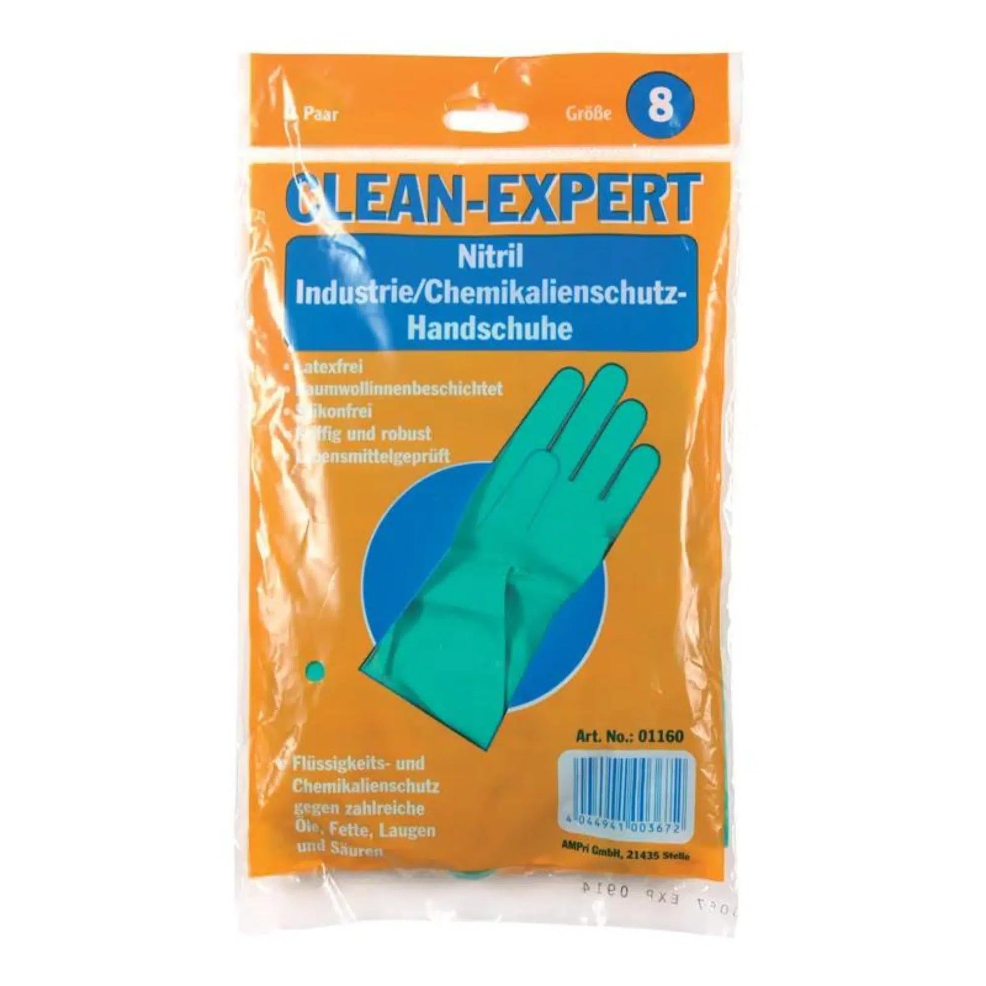 Eine Packung Nitril-Chemikalienhandschuhe „Clean-Expert“ der AMPri Handelsgesellschaft mbH, Größe 8. Die orange-transparente Verpackung zeigt eine Abbildung der grünen Handschuhe im Inneren. Diese Industriehandschuhe sind latexfrei, beflockt und auf Dichtheit geprüft, was sie zu idealen Chemikalienschutzhandschuhen macht.