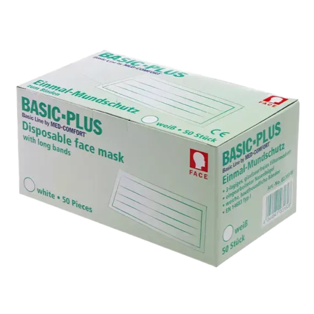 Ein weißer Karton mit der Aufschrift „AMPri BASIC-PLUS OP Maske 3-lg. Typ II zum Binden“ in grüner Schrift der AMPri Handelsgesellschaft mbH. Die Box enthält 50 weiße medizinische Einweg-Atemschutzmasken mit langen Bändern. Produktinformationen werden sowohl auf Englisch als auch auf Deutsch angezeigt, einschließlich der Texte „Einmal-Mundschutz“ und „50 Stück“.