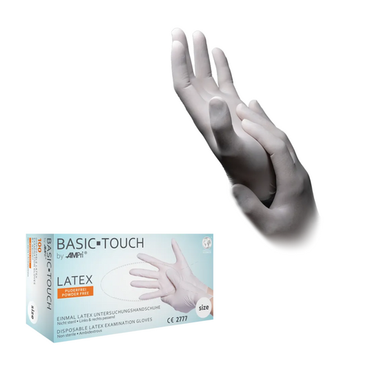 Eine Schachtel AMPri BASIC-TOUCH Latexhandschuhe puderfrei, weiß | Box (100 Stück) mit einem Paar behandschuhter Hände, die sich darüber berühren. Auf der Schachtel sind der Produktname, die Handschuhgröße und andere Details zu sehen, während die Hände der AMPri Handelsgesellschaft mbH latexhandschuhe puderfrei in einer anmutigen, ineinander verschränkten Pose erscheinen.