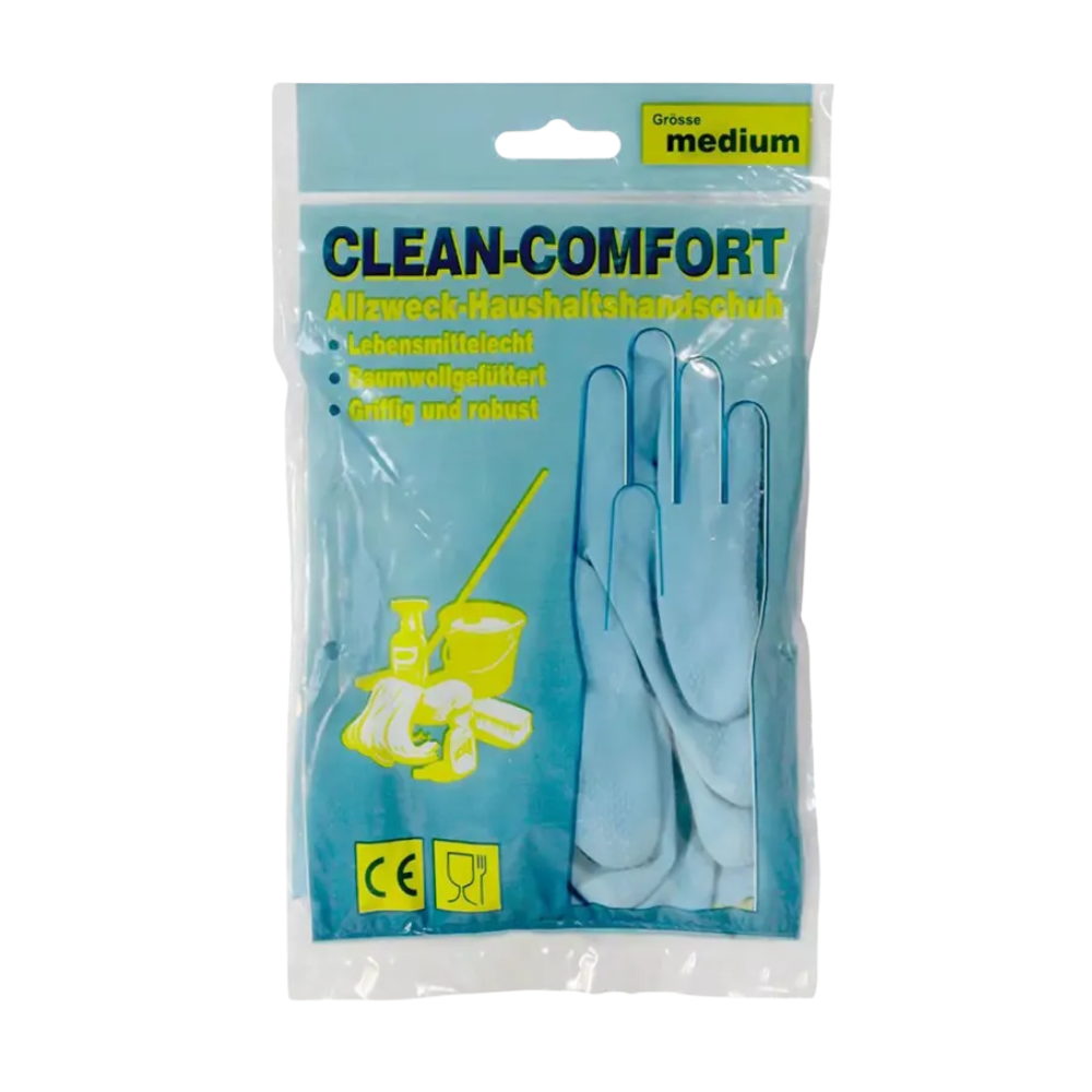 Eine Packung AMPri CLEAN-COMFORT Latex-Haushaltshandschuhe puderfrei in mittlerer Größe, geeignet für den universellen Einsatz im Haushalt. Die überwiegend blau-gelbe Verpackung zeigt Bilder der Handschuhe und Reinigungsartikel. Etiketten weisen darauf hin, dass sie lebensmittelecht sind und für mehr Komfort mit Baumwolle gefüttert sind. Diese AMPri CLEAN-COMFORT Latex-Handschuhe der AMPri Handelsgesellschaft mbH eignen sich perfekt für verschiedene Aufgaben.