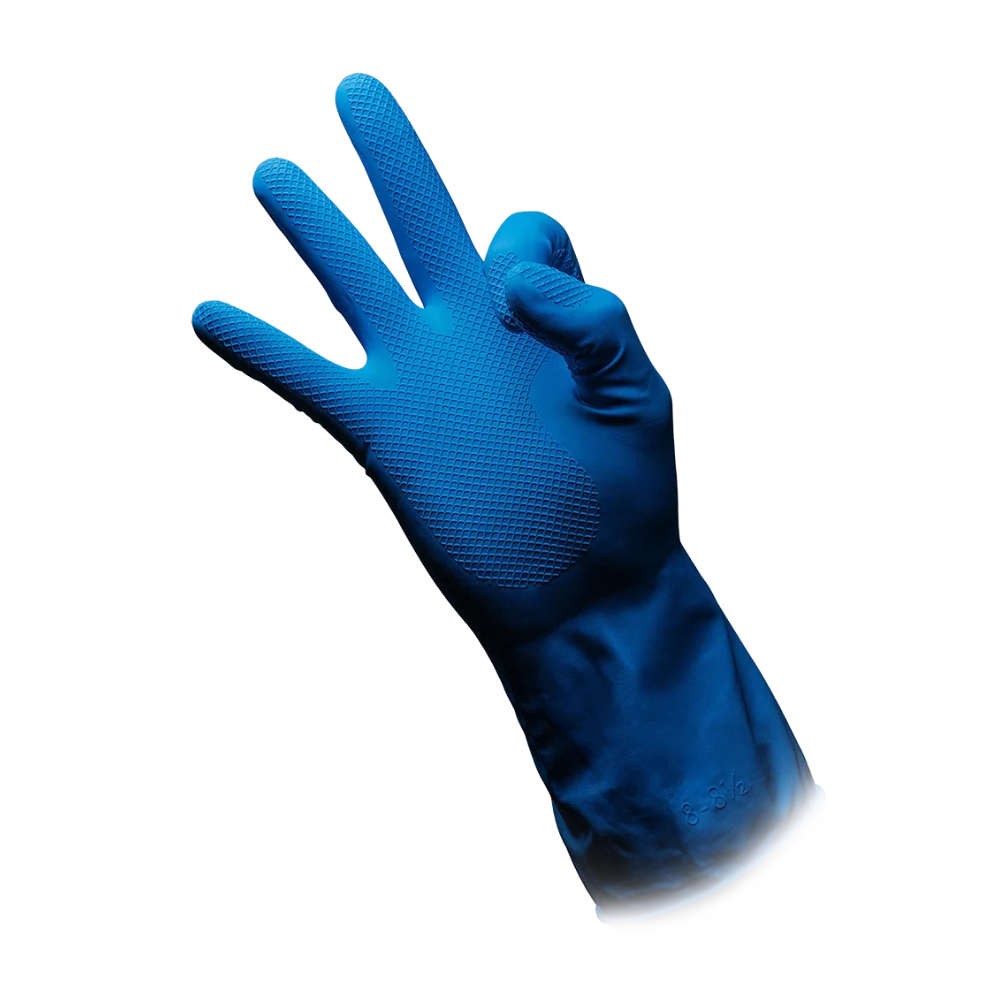 Ein blauer AMPri CLEAN-COMFORT Latex-Haushaltshandschuh mit strukturierter Oberfläche wird aufrecht gehalten. Daumen und Zeigefinger des Handschuhs berühren sich, während Mittel-, Ring- und kleiner Finger ausgestreckt sind. Ideal für verschiedene Aufgaben als perfekter Clean-Comfort-Latexhandschuh der AMPri Handelsgesellschaft mbH. Abgebildet vor weißem Hintergrund.