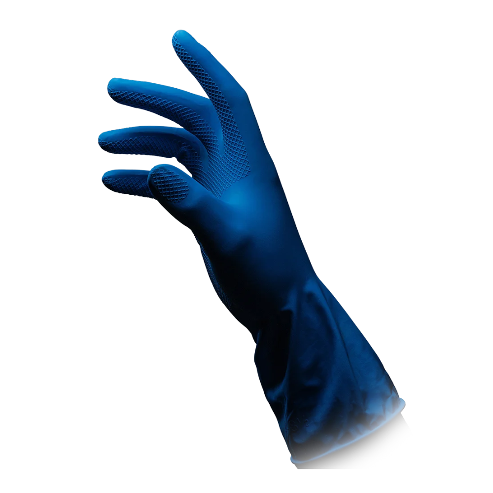 Ein blauer Latex-Haushaltshandschuh aus der CLEAN-COMFORT-Serie der AMPri Handelsgesellschaft mbH steht aufrecht, die Handfläche zeigt leicht nach links, vor einem schlichten weißen Hintergrund. Die puderfreien AMPri CLEAN-COMFORT Latex-Haushaltshandschuhe scheinen für Aufgaben konzipiert zu sein, die hervorragenden Griff und Schutz erfordern.