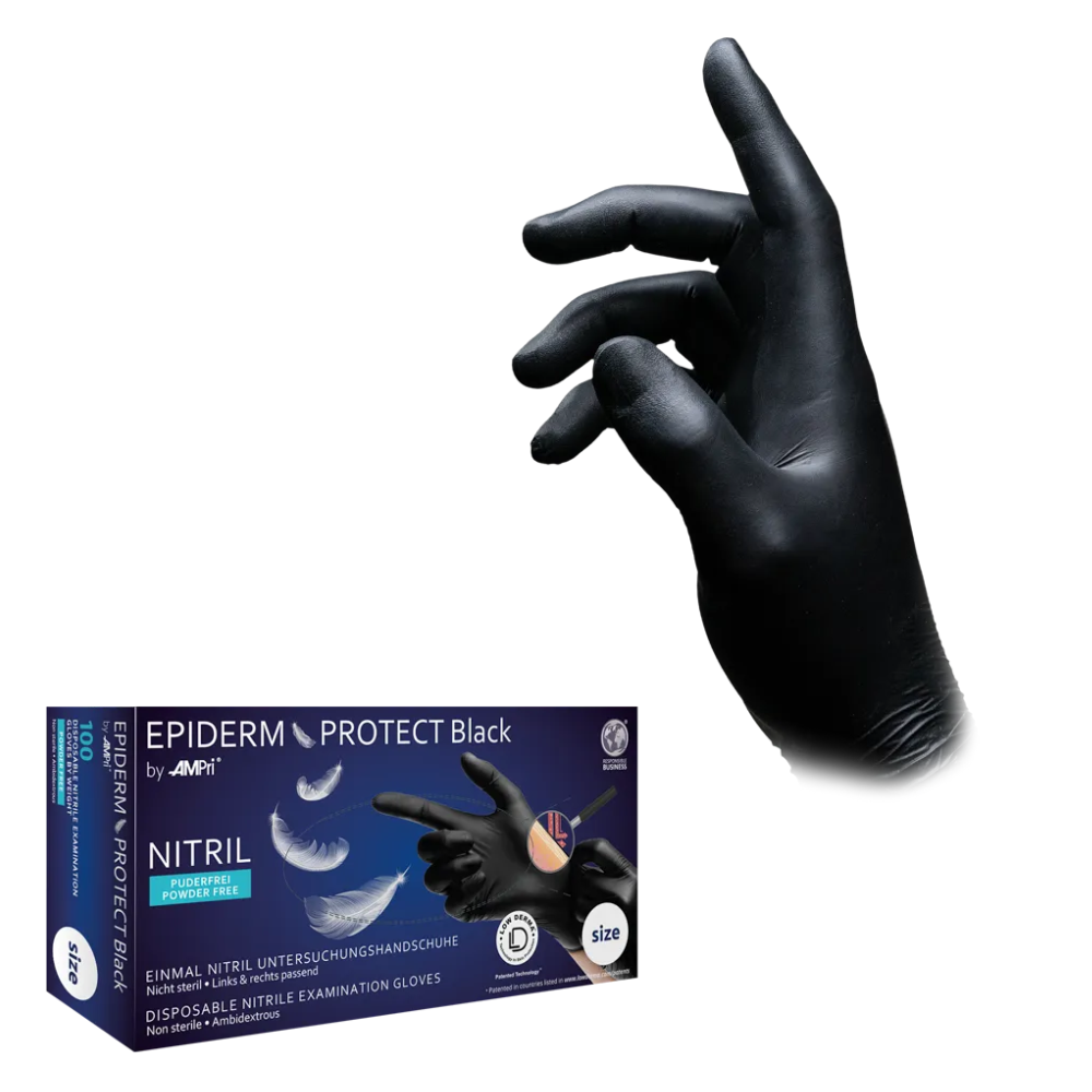 Das Bild zeigt eine Schachtel mit schwarzen Nitril-Untersuchungshandschuhen zum Einmalgebrauch mit der Aufschrift „AMPri Epiderm Protect Black Nitrilhandschuhe von MED-COMFORT“. Auf der Schachtel ist eine Hand abgebildet, die den Handschuh trägt. Neben der Schachtel ist eine behandschuhte Hand in teilweise geschlossener Position zu sehen, was zeigt, dass die schwarzen Handschuhe puderfrei sind.