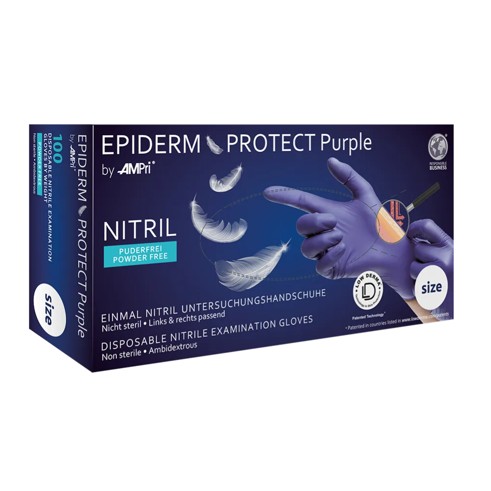 Eine Schachtel AMPri Epiderm Protect Purple Nitrilhandschuhe von MED-COMFORT mit der Aufschrift „puderfrei, lila“ enthält 100 Einweghandschuhe. Auf der Verpackung ist eine Hand abgebildet, die einen lila Handschuh trägt und ein Stück Obst hält. Der Text weist darauf hin, dass die Handschuhe puderfrei, unsteril und beidhändig tragbar sind.