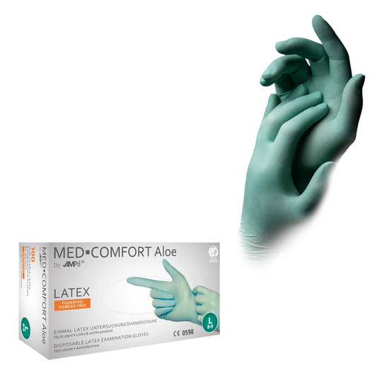 Ein mintgrünes Paar medizinischer Untersuchungshandschuhe, die sich gegenseitig halten. Darunter befindet sich eine weiße Schachtel mit der Aufschrift „AMPri MED-COMFORT Aloe Latexhandschuhe puderfrei“ und weiteren Produktdetails. Die Schachtel der AMPri Handelsgesellschaft mbH zeigt das Bild einer Hand, die die Handschuhe trägt.