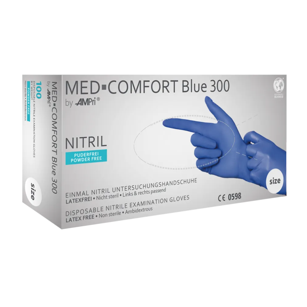 Eine weiße Schachtel mit der Marke „AMPri Handelsgesellschaft mbH“ und der Aufschrift „AMPri MED-COMFORT BLUE 300 Nitrilhandschuhe extra Lang puderfrei, blau | Box (100 Stück)“ enthält 100 Einweg-Untersuchungshandschuhe aus Nitril. Diese Handschuhe sind puderfrei, latexfrei, unsteril und für beide Hände geeignet. Auf der Schachtel ist ein Bild mit einem blauen Handschuh sowie Produktinformationen zu sehen.