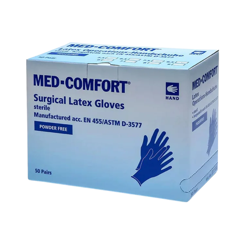 Eine weiße Schachtel AMPri MED-COMFORT Latex OP-Handschuhe steril puderfrei, weiß von AMPri Handelsgesellschaft mbH. Die Schachtel enthält 50 Paar sterile, puderfreie Handschuhe. Sie ist als konform mit den Normen EN 455 und ASTM D-3577 gekennzeichnet und zeigt eine Hand mit einem Handschuh – perfekt für alle, die sterile Operationshandschuhe suchen.