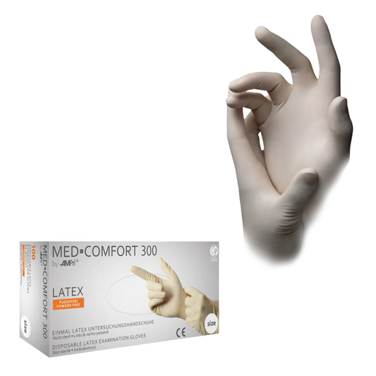 Eine Schachtel AMPri MED-COMFORT Latexhandschuhe puderfrei, weiß (100 Stück) wird neben einer Hand angezeigt, die einen der Handschuhe trägt und eine „OK“-Geste macht. Diese puderfreien Handschuhe der AMPri Handelsgesellschaft mbH sorgen für hygienisches Arbeiten.