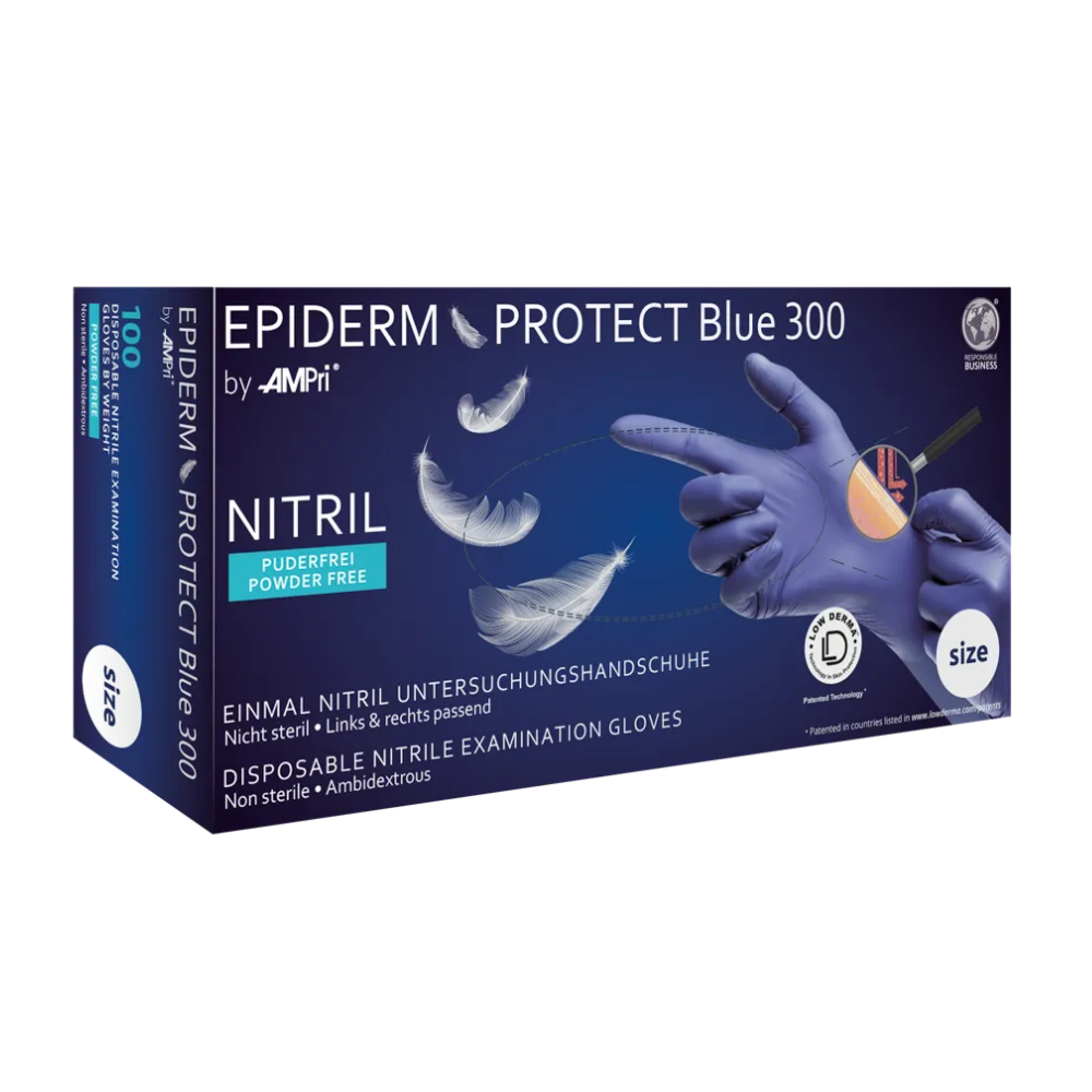 Eine Schachtel AMPri MED-COMFORT Nitrilhandschuhe Epiderm Protect Blue 300 Einweg-Untersuchungshandschuhe aus Nitril der AMPri Handelsgesellschaft mbH. Die lebensmittelechten Handschuhe sind puderfrei und unsteril. Die Verpackung hebt Merkmale wie Beidhändigkeit und Berührungsempfindlichkeit hervor und enthält an den Seiten Etiketten mit der Angabe „100 Stück“ und „Größe“.