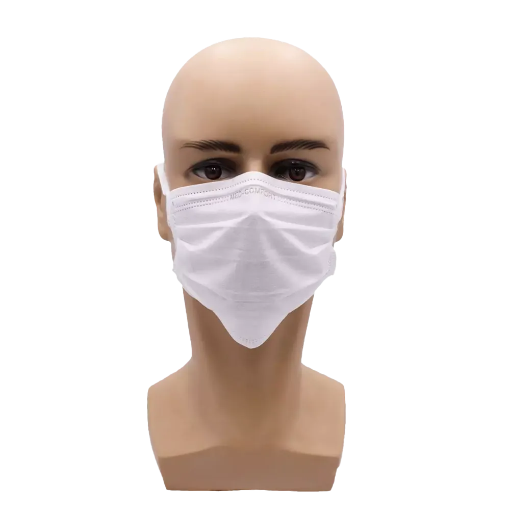 Ein Mannequinkopf trägt eine weiße AMPri MED-COMFORT OP Maske zum Binden Typ IIR von AMPri Handelsgesellschaft mbH. Die Maske bedeckt Nase und Mund und ist mit Ohrschlaufen am Kopf befestigt. Der schlichte weiße Hintergrund unterstreicht das Design dieses Mundschutz-Einwegprodukts perfekt.