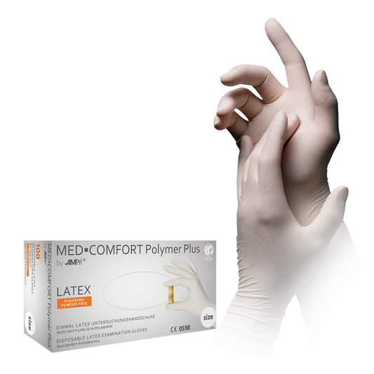 Zu sehen ist eine Hand, die einen weißen, puderfreien Latexhandschuh trägt und mit der anderen Hand festgezogen wird. Darunter befindet sich eine Schachtel mit der Aufschrift „AMPri MED-COMFORT Polymer Plus Latexhandschuhe“, was darauf hinweist, dass es sich um Handschuhe der AMPri Handelsgesellschaft mbH handelt, die zum Einmalgebrauch bestimmt sind und einen hervorragenden Chemikalienschutz bieten; die Schachtel enthält 100 Stück.