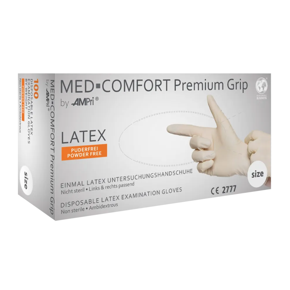 Abgebildet ist eine Schachtel AMPri MED-COMFORT Premium Grip Latexhandschuhe, weiß | Box (100 Stück) von AMPri Handelsgesellschaft mbH. Die Schachtel ist als unsteril, puderfrei und beidhändig benutzbar gekennzeichnet. Die Verpackung zeigt das Bild einer Hand mit Handschuh und enthält Text in mehreren Sprachen, was die Eignung der Verpackung für den professionellen Einsatz hervorhebt.