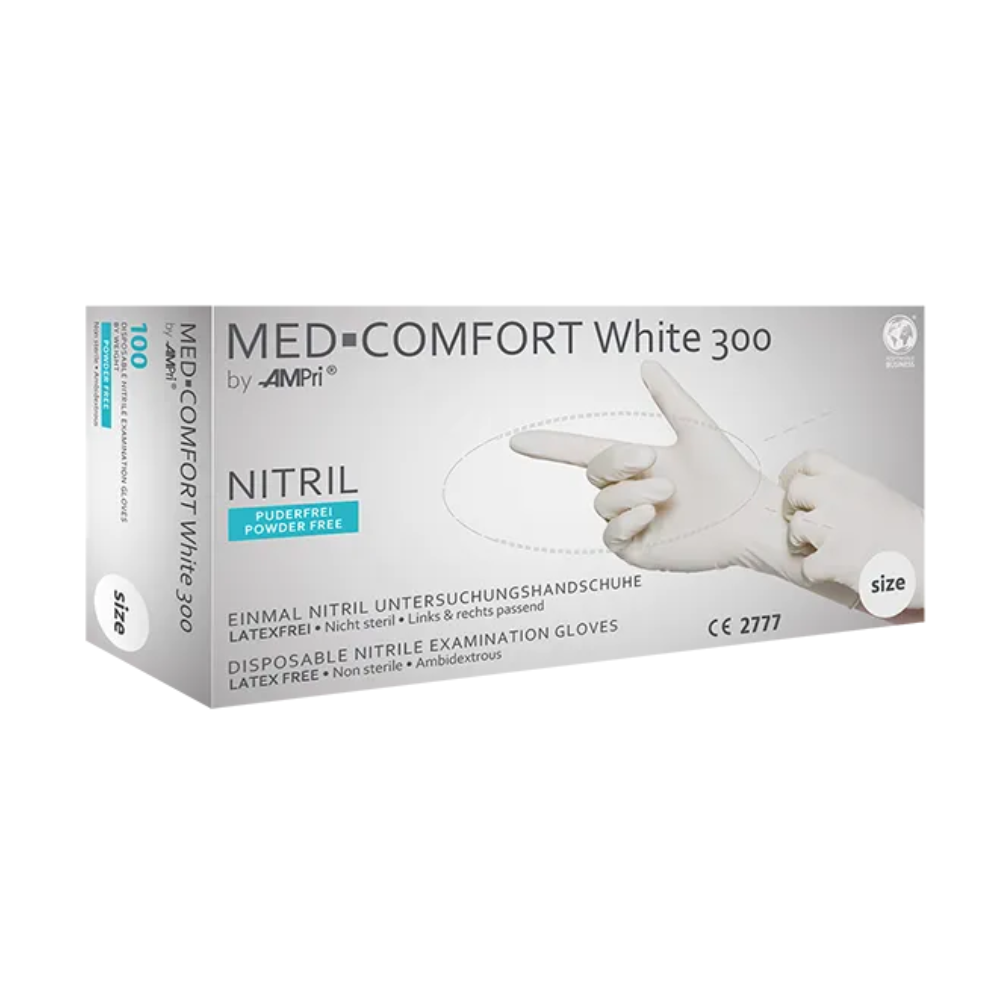 Eine Schachtel AMPri MED-COMFORT WHITE 300 puderfreie, unsterile und latexfreie Nitrilhandschuhe mit Überlänge von AMPri Handelsgesellschaft mbH. Die hauptsächlich weiße Schachtel mit einigen blauen Texten und Bildern enthält Nitril-Untersuchungshandschuhe in nicht näher spezifizierter Größe.