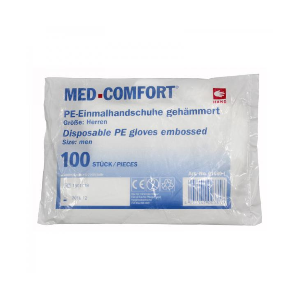 Eine Packung mit der Aufschrift „MED-COMFORT, PE-Handschuh gehämmert, transparent, Gr. L (Herren)“ und der englischen Aufschrift „Disposable PE gloves“ darunter enthält 100 Stück und ist für Herren geeignet. Der überwiegend blaue Text auf weißem Hintergrund hebt die Premiumqualität der AMPri Handelsgesellschaft mbH hervor und macht sie ideal für die Lebensmittelindustrie.