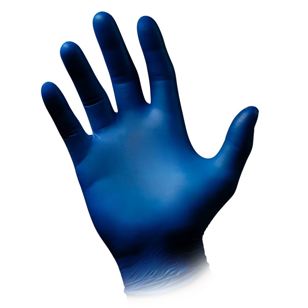 Eine erhobene Hand trägt einen AMPri STYLE BLUEBERRY Nitrilhandschuhe puderfrei von MED-COMFORT, Dunkelblau, vor weißem Hintergrund. Der von der AMPri Handelsgesellschaft mbH hergestellte Handschuh wirkt glatt und liegt eng an der Hand an, die Finger sind leicht gespreizt.