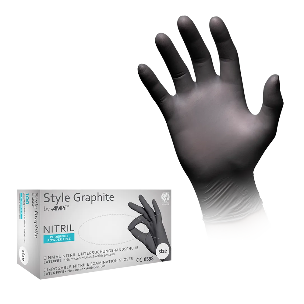 Abbildung eines schwarzen Einweg-Untersuchungshandschuhs aus Nitril, der an einer Hand getragen wird. Auf dem Handschuhfach in der unteren linken Ecke steht „AMPri STYLE GRAPHITE Nitrilhandschuhe puderfrei von MED-COMFORT“ und es wird erwähnt, dass der Handschuh puderfrei und latexfrei ist. Die angegebene Größe ist „M“ (Medium). Die Handschuhe sind in der Farbe Anthrazit gehalten und werden von der AMPri Handelsgesellschaft mbH hergestellt.