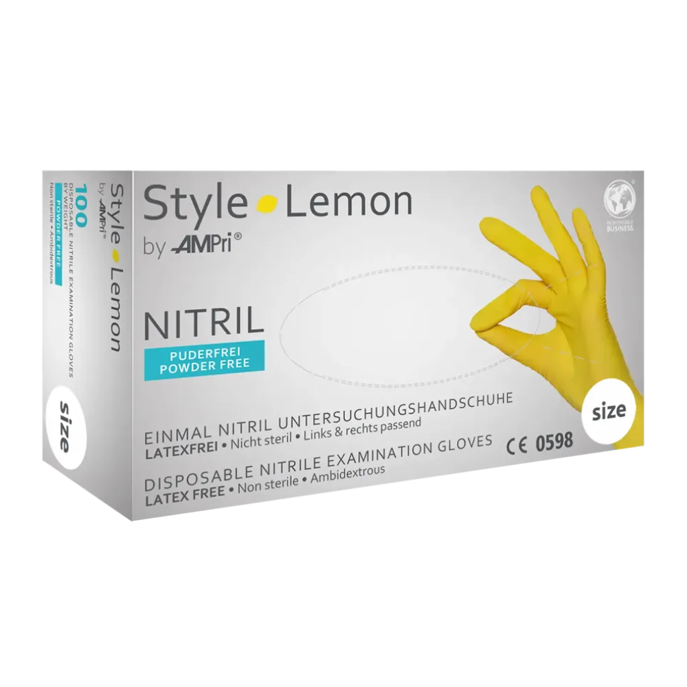 Eine weiße Schachtel mit der Aufschrift „AMPri STYLE LEMON Nitrilhandschuhe puderfrei von MED-COMFORT“ der AMPri Handelsgesellschaft mbH zeigt eine gelb behandschuhte Hand, die ein „OK“-Zeichen bildet. Die Schachtel enthält „Einweg-Nitrilhandschuhe – latexfrei • unsteril • beidhändig tragbar“. Die Zahl „100“ gibt die Menge an, die sich darin befindet, und sie sind puderfrei.