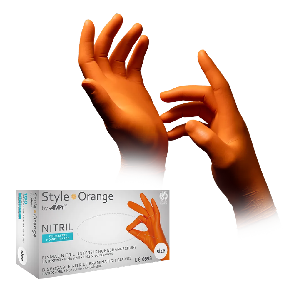 Das Bild zeigt eine Schachtel AMPri STYLE ORANGE Nitrilhandschuhe puderfrei von MED-COMFORT, Orange, von AMPri Handelsgesellschaft mbH. Neben der Schachtel ist ein Paar Hände abgebildet, die die leuchtend orangefarbenen Handschuhe tragen. Diese Nitrilhandschuhe sind eine hervorragende Latexalternative, da sie latex- und puderfrei sind und in verschiedenen Größen erhältlich sind.