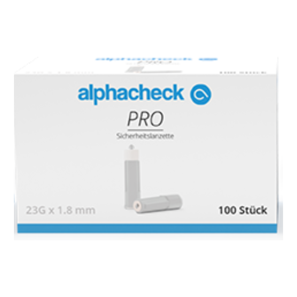 Auf einer weißen Schachtel mit der Aufschrift „Alphacheck PRO Sicherheitslanzetten, verschiedene Größen“ der Berger Med GmbH sind zwei graue Sicherheitslanzetten abgebildet, die sich ideal für Blutzuckertests und die kapillare Blutgewinnung eignen. Die Schachtel hat die Maße 23G x 1,8 mm und enthält 100 Stück.