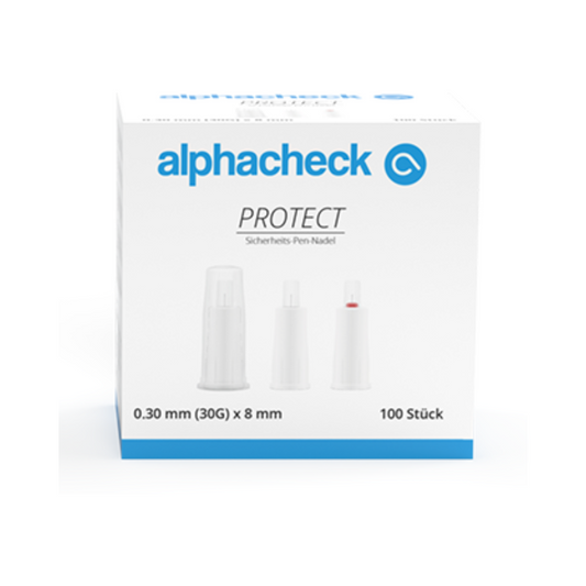 Eine weiße Schachtel mit blauem Text mit der Aufschrift „Alphacheck PROTECT Sicherheits-Pen-Nadeln, verschiedene Größen“ und „Sicherheits-Pen-Nadel“. Die Schachtel, die für Insulin-Injektionen bestimmt ist, enthält 100 Stück 0,30 mm (30G) x 8 mm Sicherheits-Pen-Nadeln. Auf der Vorderseite der Schachtel sind drei Sicherheits-Pen-Nadeln in verschiedenen Montagestadien abgebildet. Markenname: Berger Med GmbH