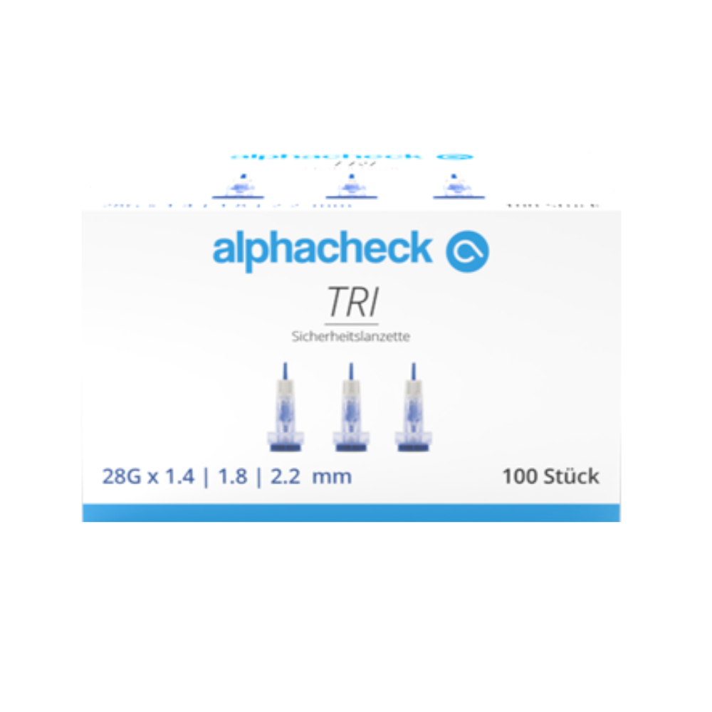 Abgebildet ist eine Schachtel mit der Aufschrift „Alphacheck TRI Sicherheitslanzetten 28G | Packung (100 Stück)“ von Berger Med GmbH. Sie enthält 100 Sicherheitslanzetten mit den Abmessungen 28G x 1,4 mm, 1,8 mm und 2,2 mm für die Kapillarblutentnahme. Auf der Vorderseite der Schachtel sind Bilder von drei Lanzetten und ein Text in Blau- und Schwarztönen zu sehen, der den Sicherheitsmechanismus beschreibt.
