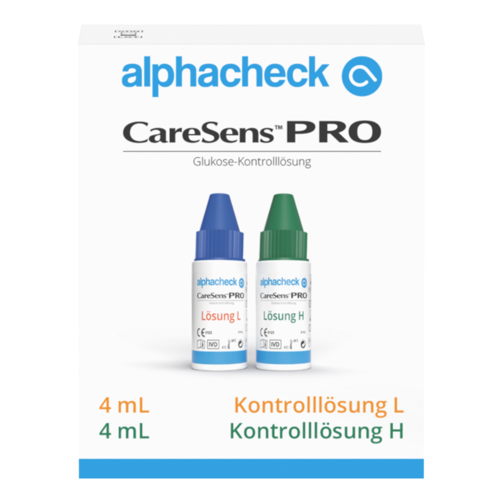 Das Bild zeigt eine weiße Schachtel mit der Aufschrift „Berger Med GmbH Alphacheck CareSens PRO Kontrolllösung L+H | Packung (2 Fläschchen)“, ideal für Übungsmessungen mit Blutzuckermessgeräten. Sie enthält zwei kleine Flaschen, eine mit blauem Deckel mit der Aufschrift „Lösung L“ und eine mit grünem Deckel mit der Aufschrift „Lösung H“, die jeweils 4 ml fassen.