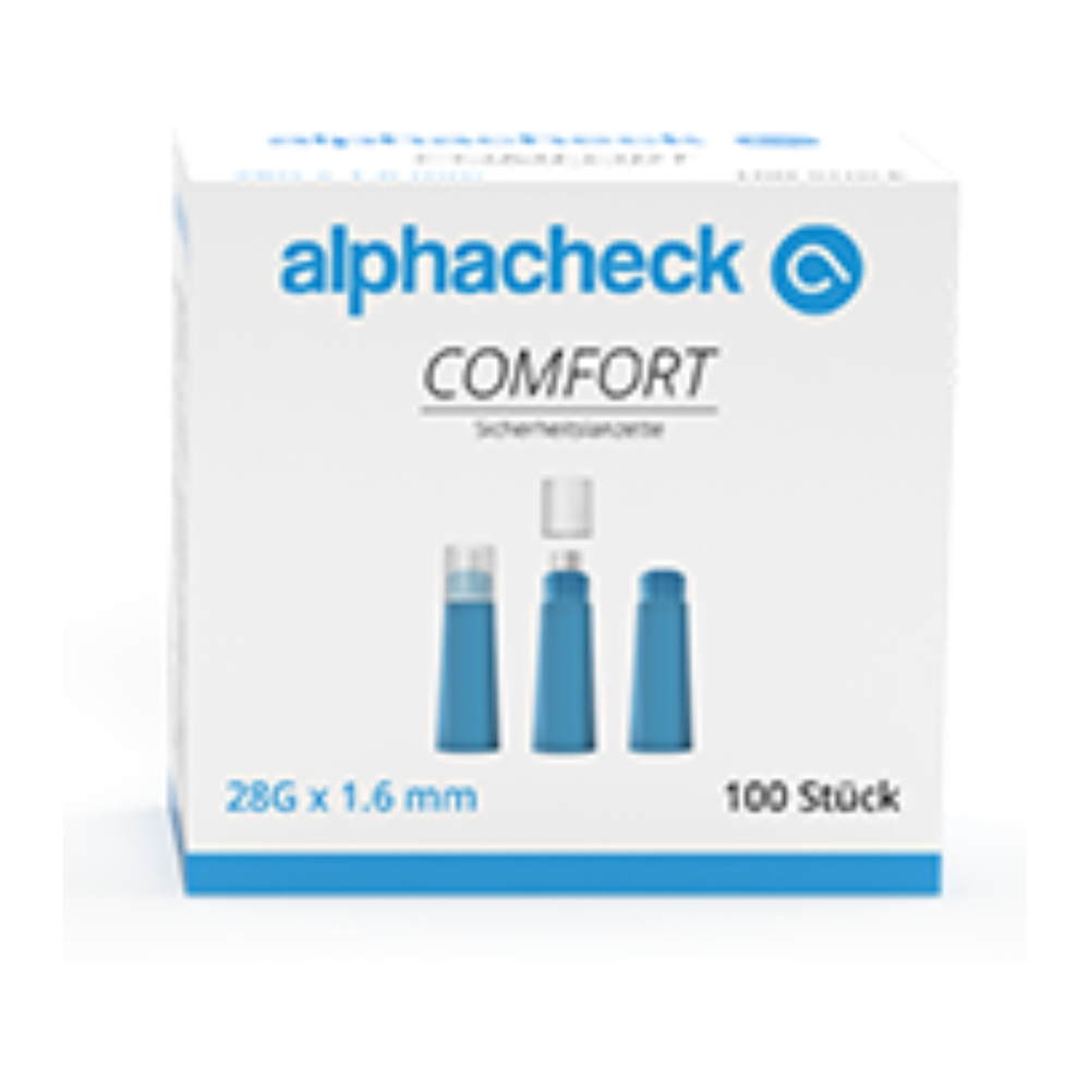 In einer Schachtel mit der Aufschrift „Alphacheck comfort Sicherheitslanzetten“ der Berger Med GmbH sind drei blaue Lanzettengeräte zur schmerzfreien Blutentnahme enthalten. Auf der Vorderseite ist angegeben, dass die Lanzetten 28G x 1,6 mm groß sind und in einer Packung zu 100 Stück geliefert werden.