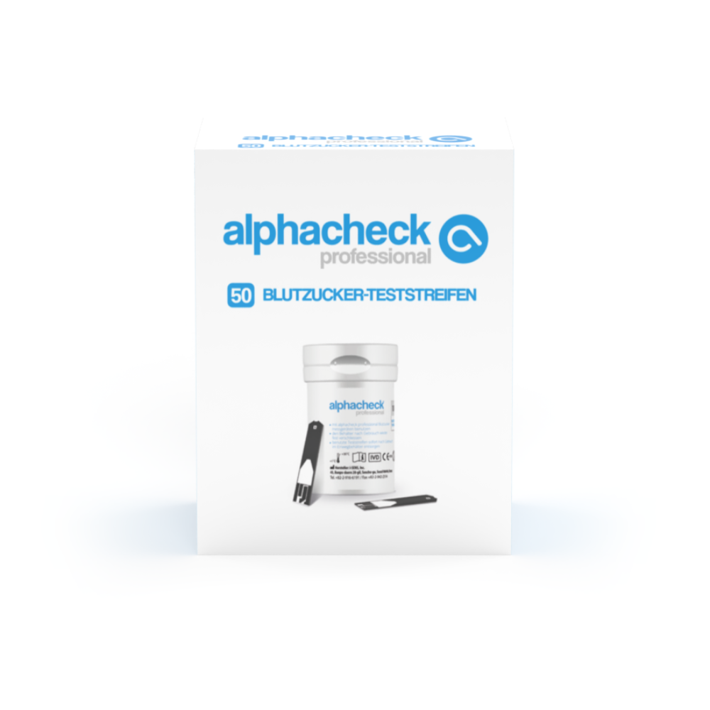 Das Bild zeigt eine Packung Alphacheck professional Blutzuckerteststreifen | Packung (50 Stück) von Berger Med GmbH. Auf der Vorderseite der Packung sind ein Behälter mit Teststreifen und ein einzelner Teststreifen abgebildet. Die Packung enthält einen deutschen Text, darunter den Satz „Blutzucker-Teststreifen“ und die Zahl 50, ideal für die Diabetesüberwachung.