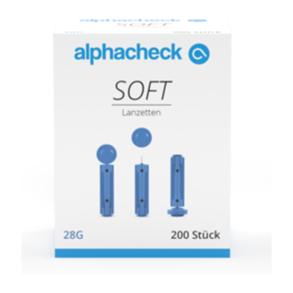 Abgebildet ist eine Schachtel Alphacheck soft Lanzetten, verschiedene Größen von Berger Med GmbH. Die Schachtel zeigt drei Abbildungen blauer Lanzetten in unterschiedlicher Ausrichtung. Die Texte auf der Schachtel lauten „28G“, „200 Stück“ und „Lancetten“. Das Logo der Berger Med GmbH befindet sich oben in der Mitte und hebt die dreifach geebnete Nadelspitze zur effizienten kapillaren Blutgewinnung hervor.