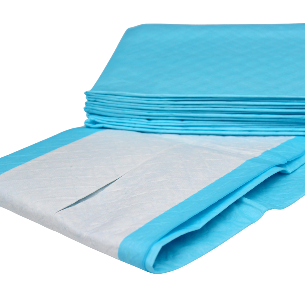 Abgebildet ist ein Stapel blauer Altruflock®-Bettschutzunterlagen 60 x 90 cm Supersoft Extrem Saugfähig | Packung (25 Stück) von Altruan zum Einmalgebrauch. Eine Unterlage ist teilweise entfaltet, sodass die weiße saugfähige Oberfläche mit blauen Rändern sichtbar ist. Die Inkontinenzunterlagen scheinen in einem ordentlichen Stapel übereinander geschichtet zu sein.