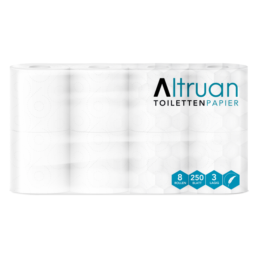 Ein verpacktes Set mit 8 Rollen der Marke „Altruan Toilettenpapier“ der Meditrade GmbH. Auf der Verpackung ist angegeben, dass jede Rolle aus 250 Blatt 3-lagigem, weißem Toilettenpapier aus 100 % Zellstoff besteht.