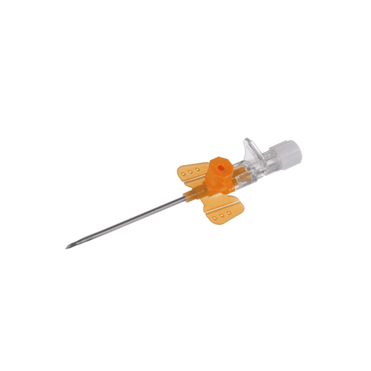 Eine Butterfly-Kanüle mit transparenter Nabe, orangefarbenem Flügelhalter und einer langen B. Braun Vasofix® Braunüle® Venenverweilkanüle aus Edelstahl – 1 Stück, isoliert auf weißem Hintergrund von B. Braun Melsungen AG.