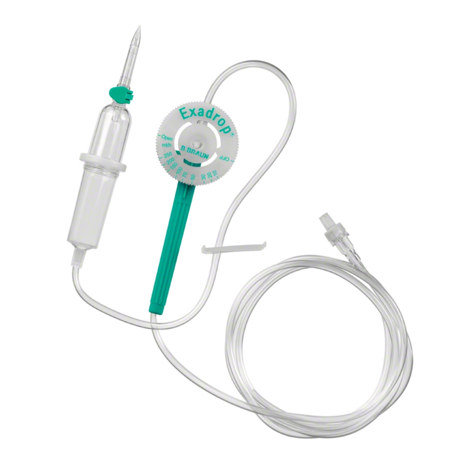 Ein intravenöses (IV) Infusionsset mit der Aufschrift „B. Braun Exadrop® Infusionsgerät mit Präzisions-Tropfenregler, 150 cm | Packung (1 Stück)“, ausgestattet mit einer durchsichtigen Tropfkammer, einem grünen Präzisions-Tropfenregler zur genauen Kontrolle der Infusionsrate, einem langen transparenten Schlauch und einer Nadel an einem Ende und einem Anschluss am anderen Ende.