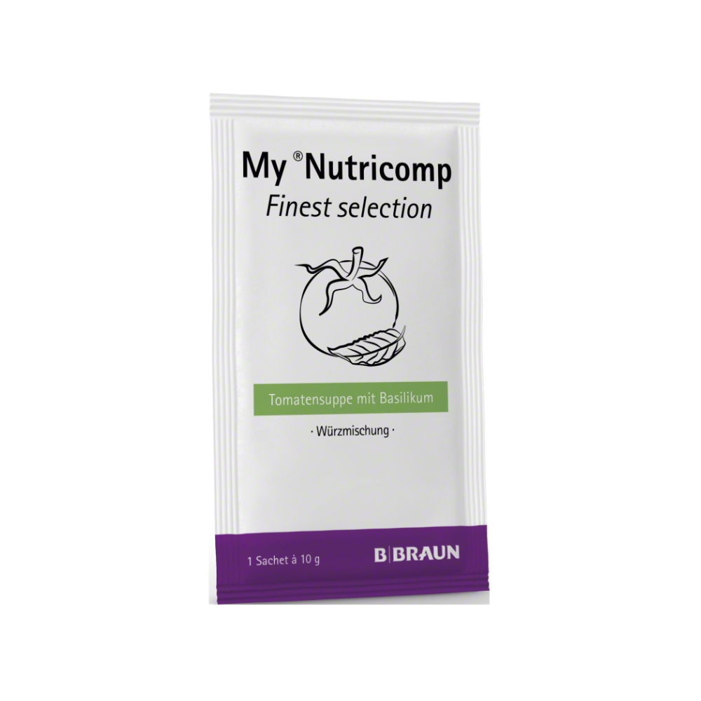 Eine Packung B. Braun My ®Nutricomp Finest Selection Nutrition der B. Braun Melsungen AG mit der Abbildung einer Tomate und Basilikum. Auf dem Etikett steht „Tomatenpaste mit Basilikum – Gewürzmischung“.