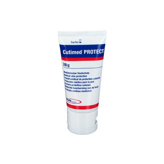 Eine 28-Gramm-Tube BSN Cutimed® Protect Creme Wundschutz von BSN medical GmbH (essity) ist überwiegend weiß gestaltet, die Beschriftung ist rot und blau und zeigt Text in mehreren Sprachen. Das Markenlogo und weitere Produktdetails sind auf der Vorderseite aufgedruckt und heben die feuchtigkeitsspendenden Eigenschaften hervor.