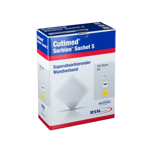 Eine Schachtel BSN Cutimed® Sorbion® Sachet S Wundauflagen der BSN medical GmbH (essity). Die blau-weiße Verpackung mit roten Akzenten zeigt Produktinformationen in deutscher Sprache und hebt die superabsorbierende Wundauflage mit hydrokinetischer Fasermatrix hervor. Jede Wundauflage ist 10x10 cm groß und eine Schachtel enthält 24 Wundauflagen.