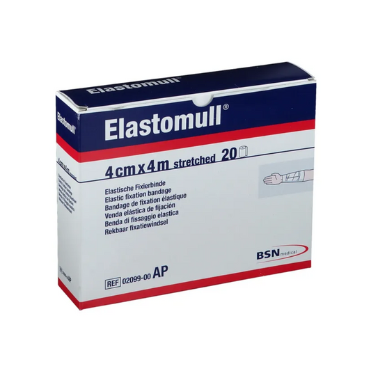 Eine Schachtel BSN Elastomull®, eine elastische Fixierbinde der BSN medical GmbH (essity) mit hohem Baumwollanteil. Die überwiegend weiße Schachtel ist mit blauen und roten Akzenten versehen und zeigt die Produktabmessungen (4 cm x 4 m) und die Menge (20). Verschiedene Sprachen fassen die Produktinformationen zusammen und betonen auf der Vorderseite die Hautverträglichkeit.