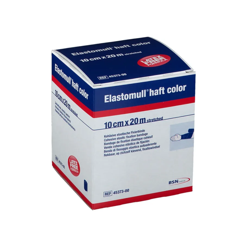 Eine Schachtel BSN Elastomull® haft color, eine elastische Fixierbinde der BSN medical GmbH (essity). Die blau-weiß-rote Verpackung weist die Größe 10 cm x 20 m auf und zeigt das BSN medical-Logo sowie eine Abbildung einer Hand, die den Verband anlegt.