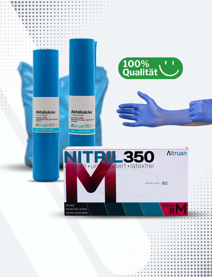 Das Bild zeigt eine Schachtel mit der Aufschrift „NITRIL 350“ und ein Paar blaue Nitrilhandschuhe, die jemand trägt. Außerdem sind im Hintergrund zwei blaue Müllbeutelrollen mit der Aufschrift „Abfallsäcke“ zu sehen. Oben ist ein grünes „100% Qualität“-Abzeichen mit einem Smiley zu sehen.