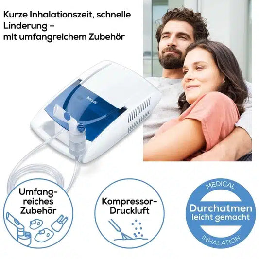 Bild eines Beurer Inhalators IH 21 neben einem Paar, das auf einer Couch entspannt. Das Gerät der Beurer GmbH verwendet Kompressor-Drucklufttechnologie und umfasst eine Maske und einen Schlauch. Der Text im Bild hebt Merkmale wie „kurze Inhalationszeit“ und „leichte Linderung bei Atemwegserkrankungen mit umfassendem Zubehör“ hervor. Etiketten zeigen die Komponenten des Produkts.