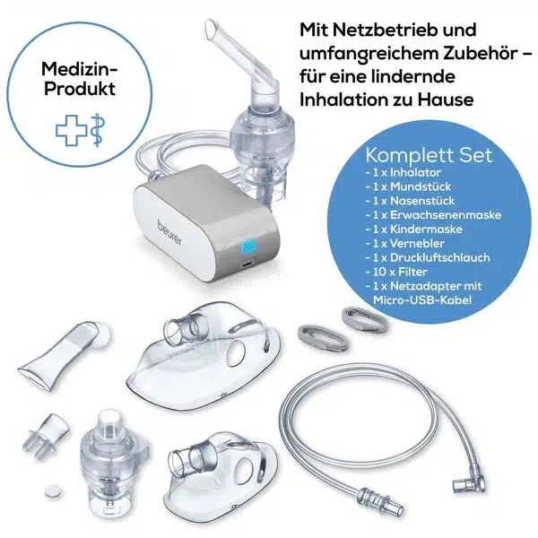 Ein Bild, das ein medizinisches Inhalationsgeräte-Set der Beurer GmbH zeigt, das einen kleinen Inhalator IH 58 von Beurer, verschiedene Masken, ein Mundstück, Filter, Schläuche und Adapter umfasst, die alle übersichtlich neben einer Beschreibung angeordnet sind.