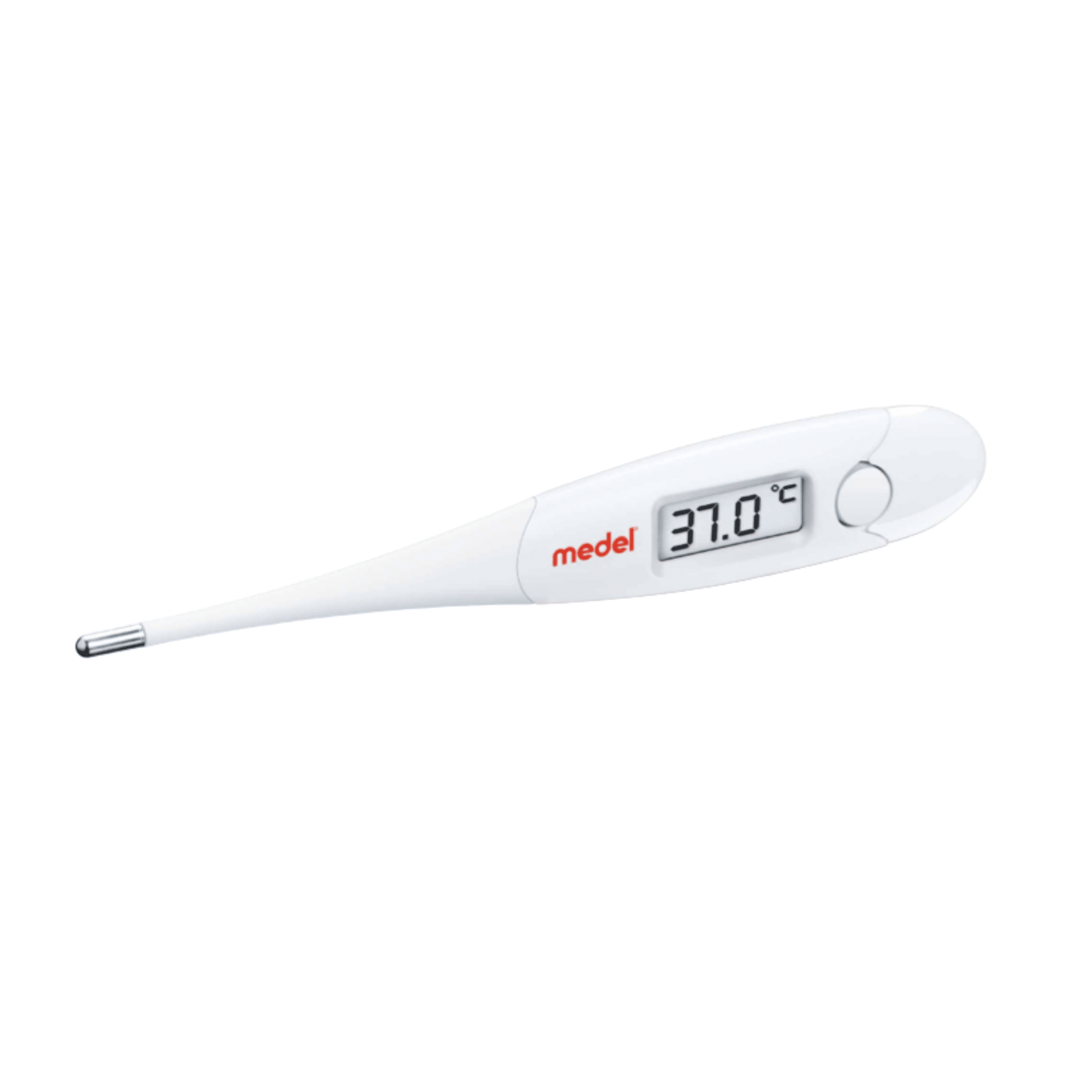 Das Digitale Express Fieberthermometer von Beurer GmbH zeigt auf seinem LCD-Bildschirm vor einem schlichten weißen Hintergrund eine Temperatur von 37,0 °C an. Das Thermometer ist weiß und hat ein elegantes Design.