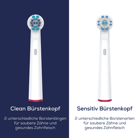 Ein geteiltes Bild zeigt zwei elektrische Zahnbürstenköpfe vor unterschiedlich farbigen Hintergründen. Die linke Seite mit der Aufschrift „Beurer Bürstenkopf Clean für TB 30/ TB 50“ hat einen blauen Hintergrund. Die rechte Seite mit der Aufschrift „Sensitiv Bürstenkopf“ hat einen weißen Hintergrund. Der Text in deutscher Sprache beschreibt beide Beurer Bürstenkopf-Modelle und ihre Schutzkappe für Rotationszahnbürsten.