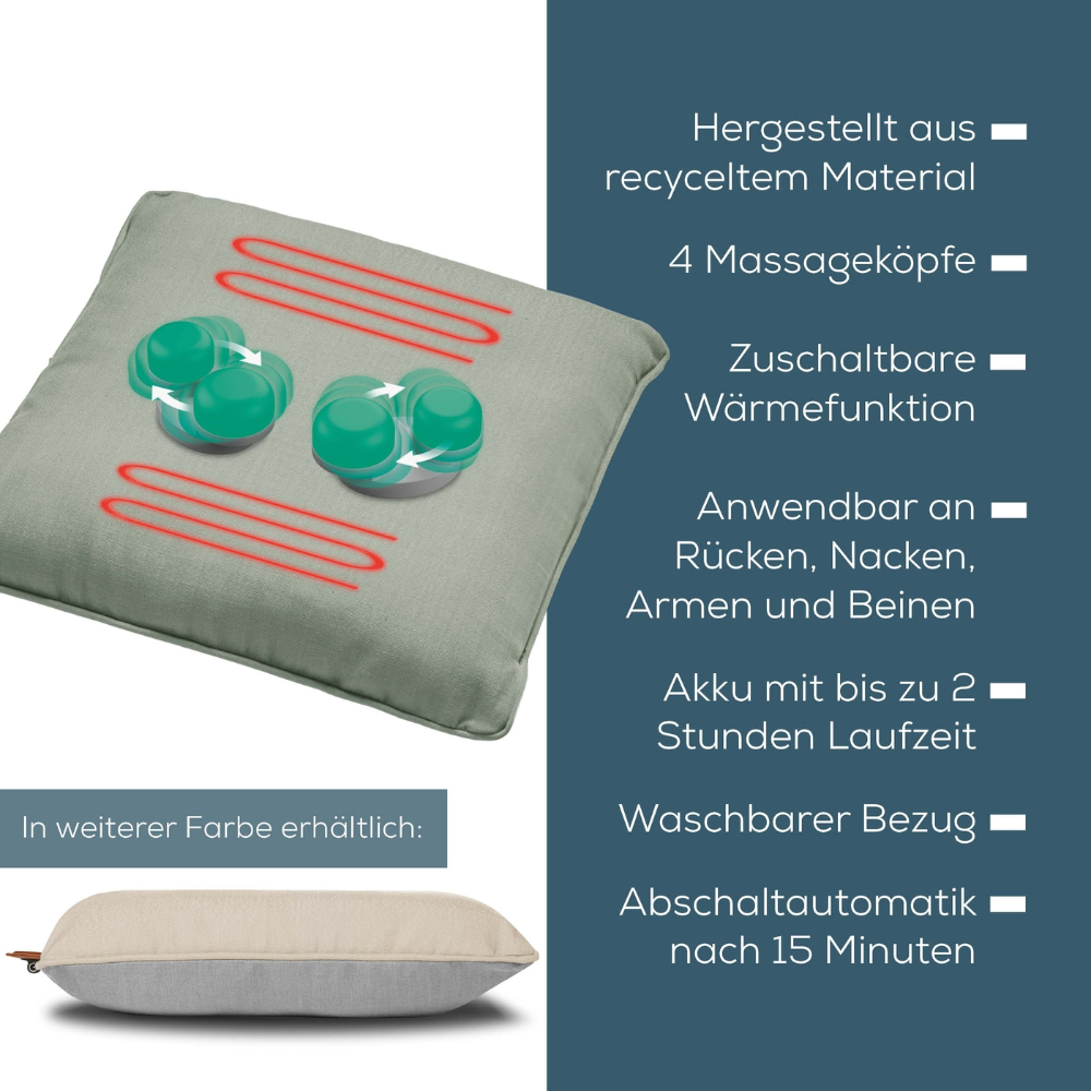 Ein Produktbild eines grauen Beurer Akku-Massagekissens MG 139. Deutscher Text hebt Funktionen hervor: aus recyceltem Material, 4 Massageköpfe, optionale Wärmefunktion, anwendbar an Rücken, Nacken, Armen und Beinen, Akkulaufzeit bis zu 2 Stunden, waschbarer Bezug mit 15-minütiger Abschaltautomatik. Zusätzliche Farboption verfügbar.