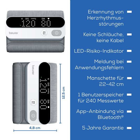 Das Beurer BM 59 Oberarm-Blutdruckmessgerät der Beurer GmbH verfügt über einen digitalen Bildschirm mit SYS-, DIA- und Pulsstatistiken. Der Begleittext hebt Funktionen wie Herzrhythmuserkennung, kabelloses Design ohne Schläuche oder Kabel, LED-Risikoanzeige, Benutzerfehlerwarnsystem, einstellbare Manschettengröße von 22-42 cm, Speicherkapazität für 240 Messwerte, Bluetooth-Konnektivität über die Beurer HealthManager Pro-App-Integration und 5 Jahre Garantie hervor.