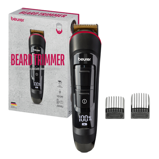 Die Abbildung zeigt einen Beurer Barttrimmer MN4X zum Trimmen und Rasieren | Packung (1 Stück) in Originalverpackung. Der Trimmer ist schwarz, hat eine digitale 100-%-Anzeige und ist mit einer Edelstahlklinge ausgestattet. Neben dem Trimmer befinden sich zwei abnehmbare Kammaufsätze. Auf der Verpackung ist der Markenname „Beurer GmbH“ und der Produktname „Beurer Barttrimmer MN4X zum Trimmen und Rasieren | Packung (1 Stück)“ zu sehen.