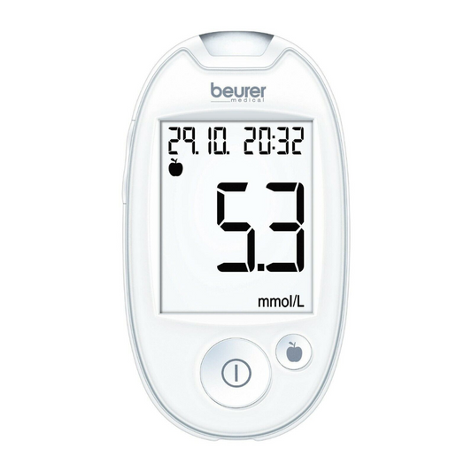 Ein digitales Blutzuckermessgerät der Beurer GmbH mit einem Messwert von 5,3 mmol/l, wobei Datum und Uhrzeit über dem Messwert auf dem Display angezeigt werden. Das Gerät ist oval und weiß und für das Beurer Blutzuckermessgerät GL 44 mmol/l – Schwarz, Lila, Weiß – konzipiert.